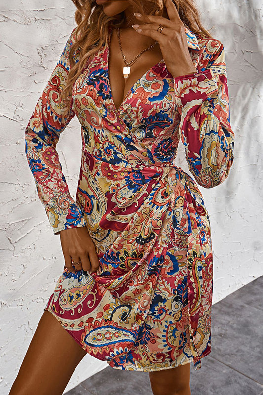 Printed Surplice Neck Long Sleeve Mini Wrap Dress in Size S, M, L, or XL