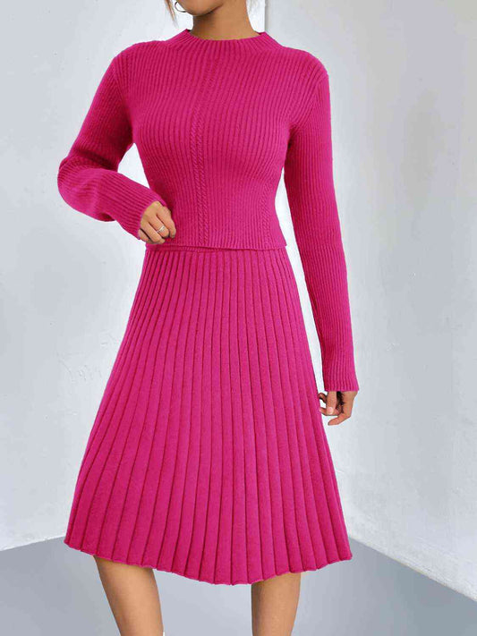 Rib-Knit Sweater and Skirt Set in 4 Color choices in Size S, M, L, or XL