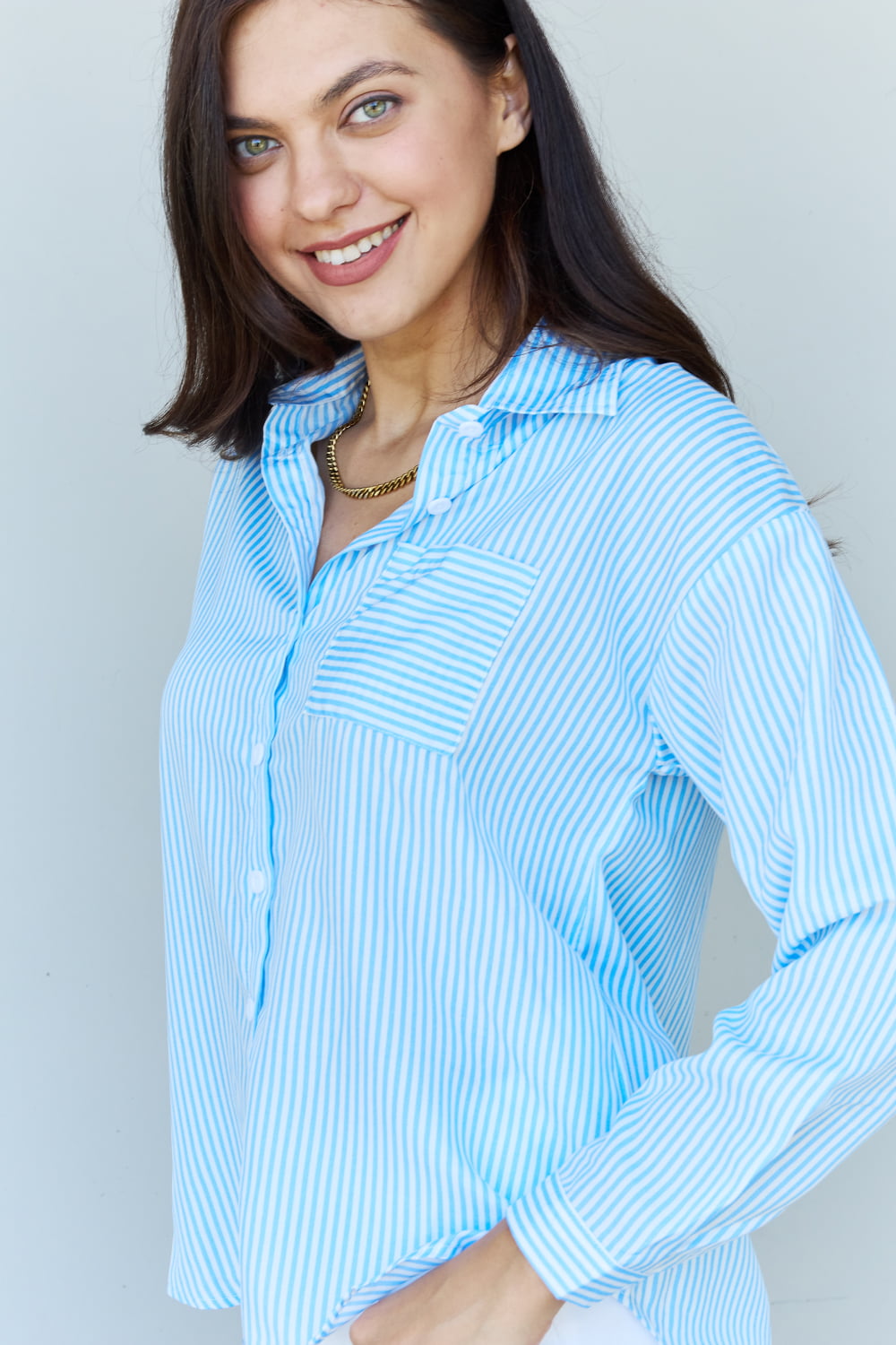 Striped Button Down Blue Shirt in Sizes S, M, or L