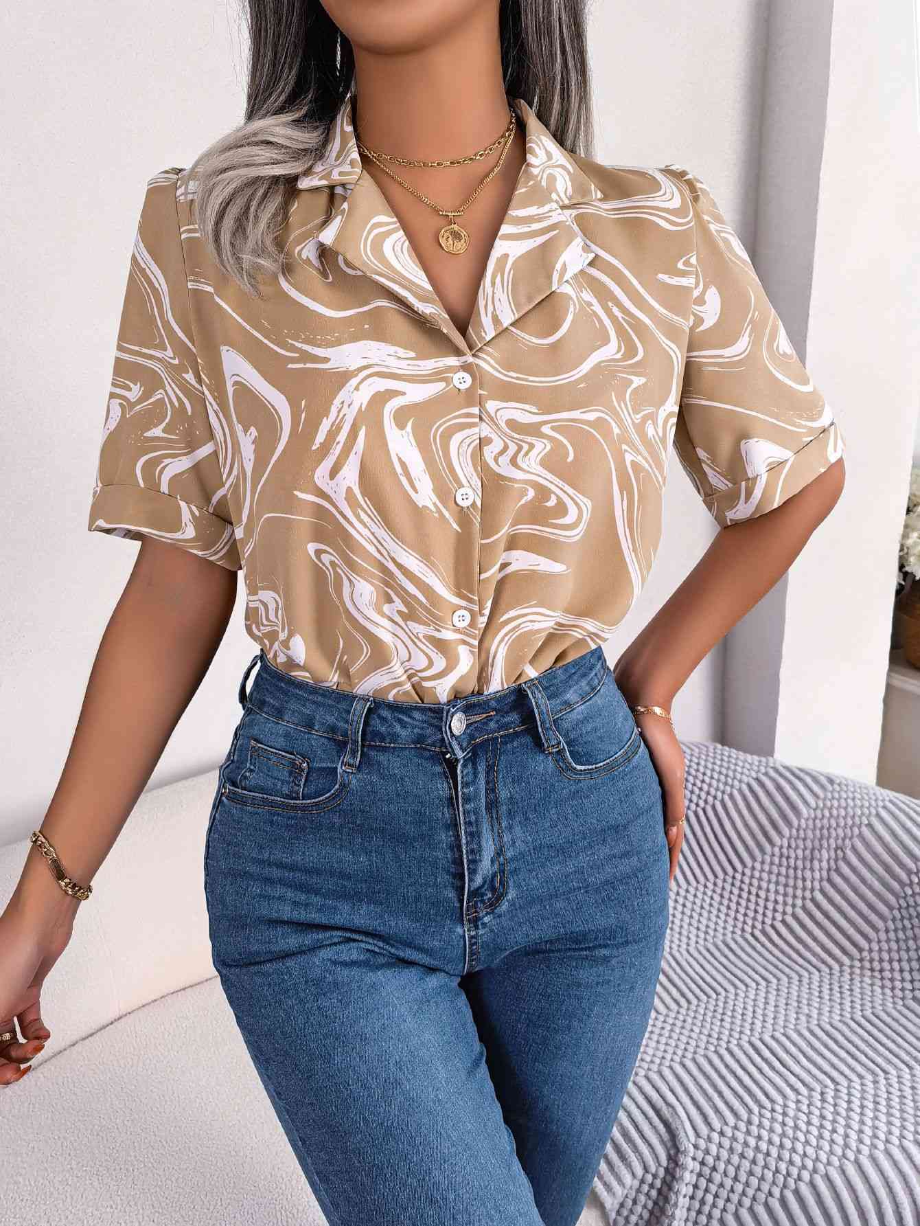 Printed Lapel Collar Shirt Tan