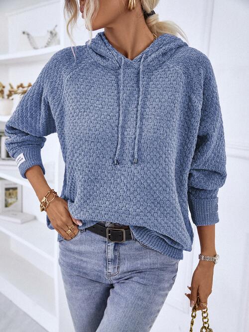 Texture Drawstring Long Sleeve Hooded Sweater French Blue