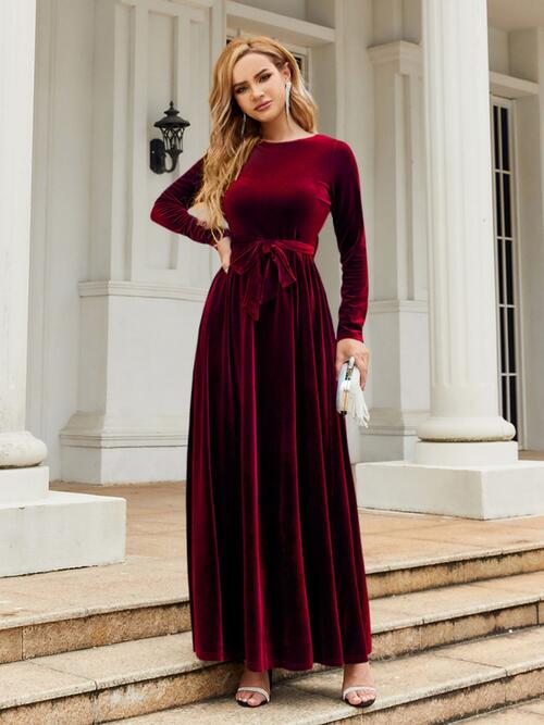 Tie Front Round Neck Long Sleeve Maxi Dress in 6 Color Choices in Size S, M, L, or XL