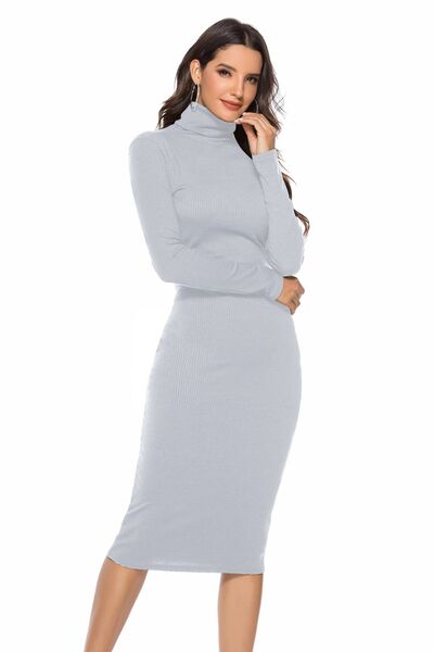 Ribbed Turtleneck Long Sleeve Dress in 5 Color Choices in Size S, M, or L