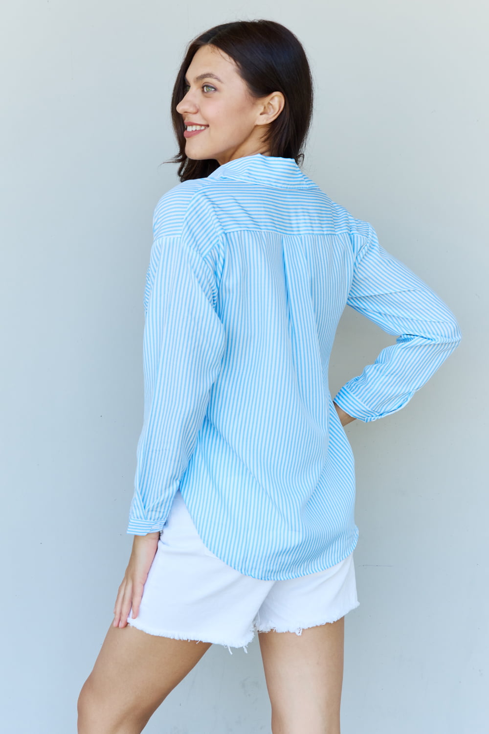 Striped Button Down Blue Shirt in Sizes S, M, or L