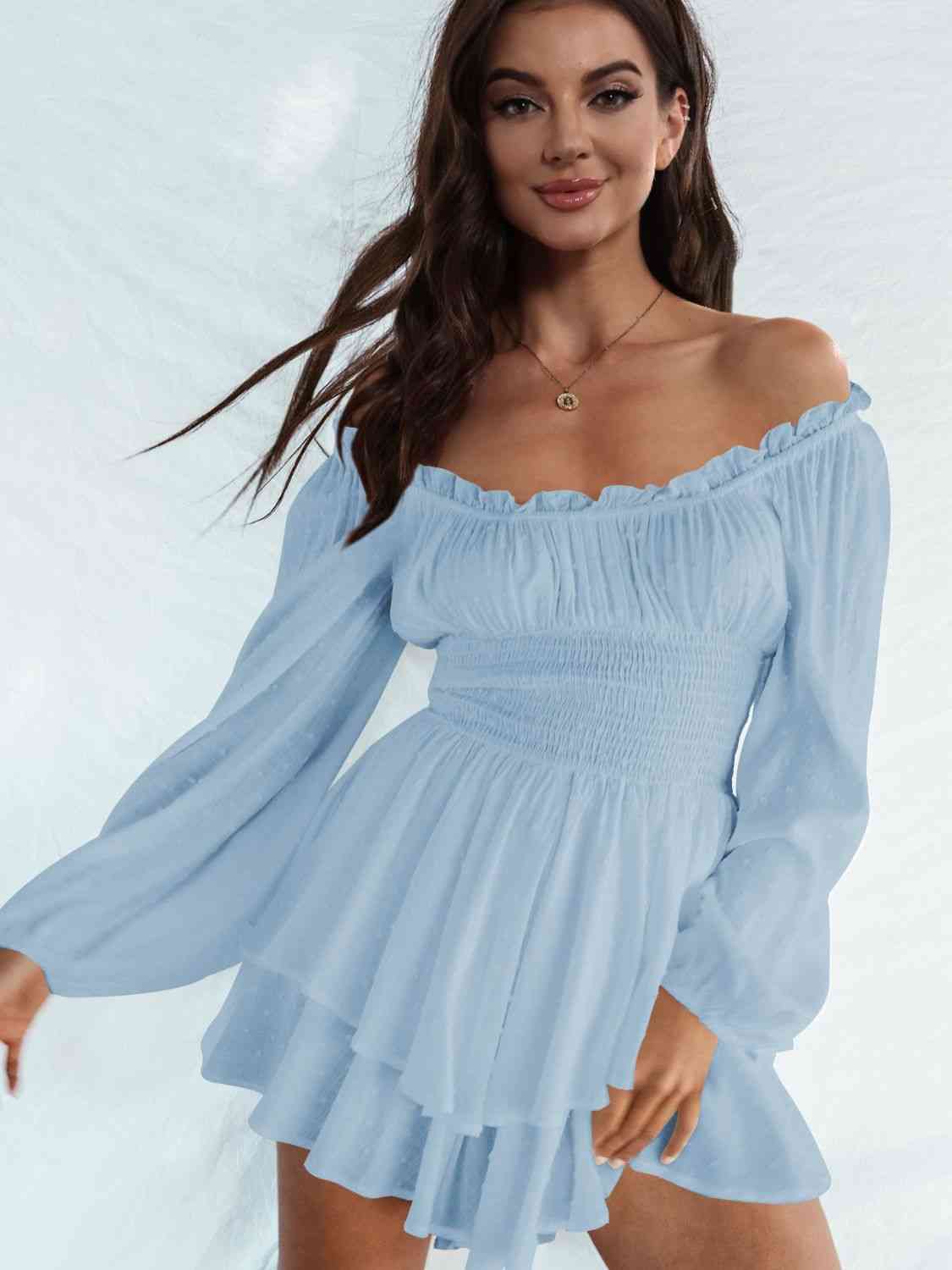 Off Shoulder Smocked Waist Romper Misty Blue