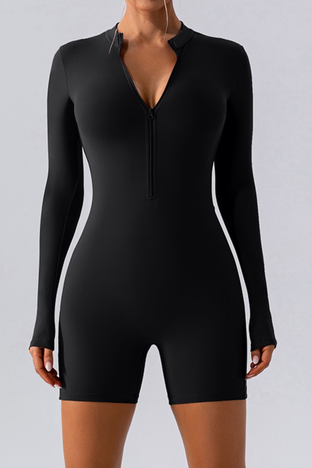 Half Zip Long Sleeve Active Romper Black