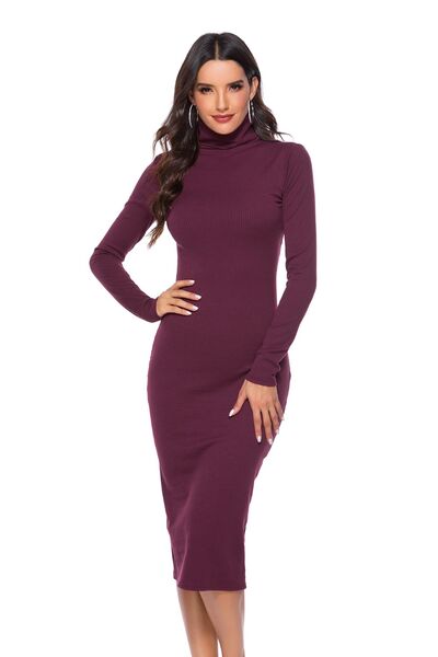 Ribbed Turtleneck Long Sleeve Dress in 5 Color Choices in Size S, M, or L