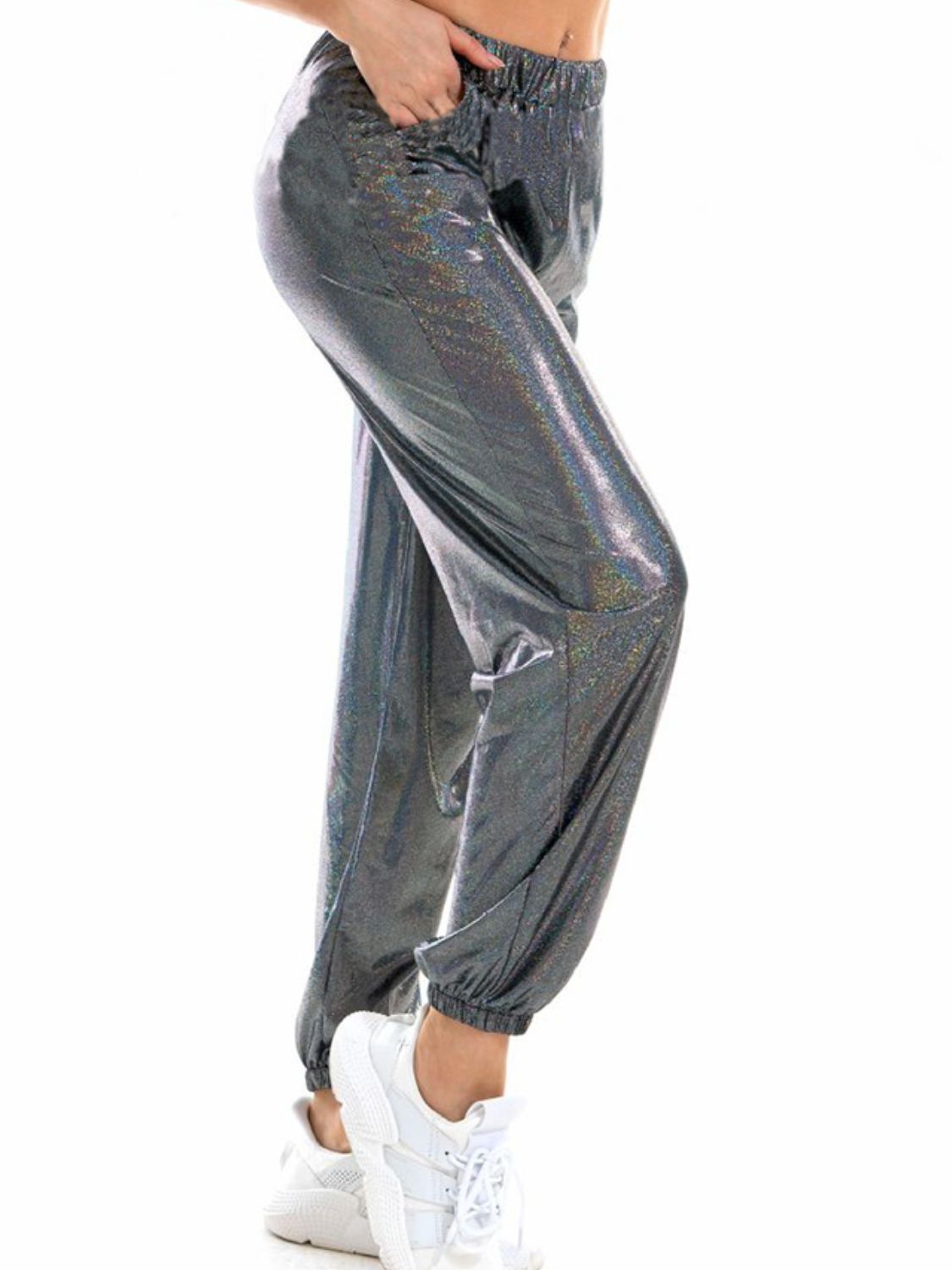 Glitter Elastic Waist Pants with Pockets in Dark Grey or Fuchsia in Size S, M, L, or XL