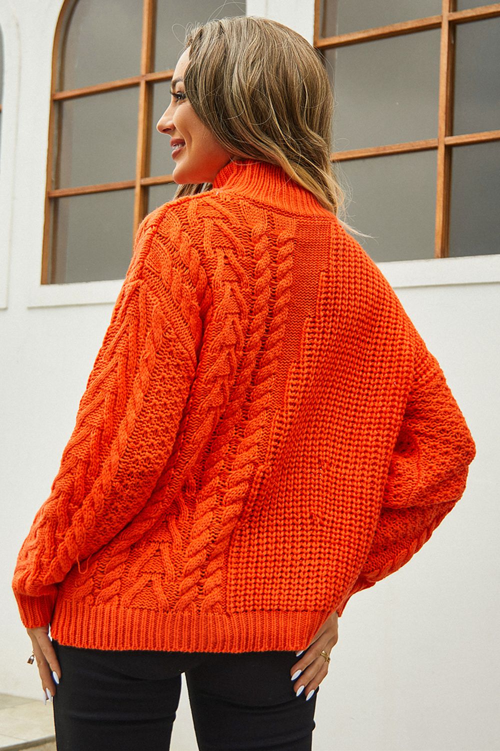 Cable Knit Turtleneck Long Sleeve Orange Sweater in Size S, M, L, or XL