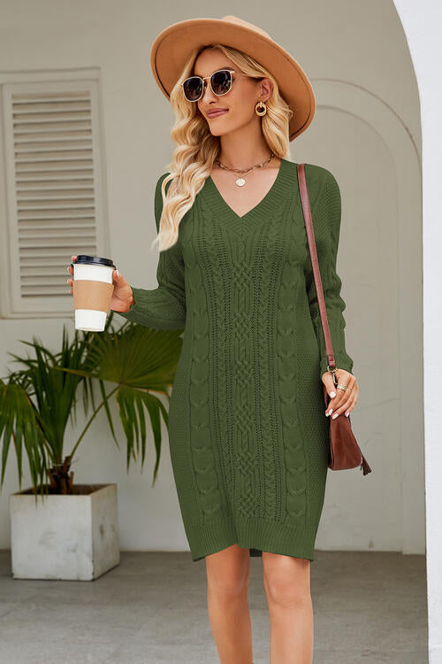 Cable-Knit Long Sleeve Sweater Dress in 4 Color Choices in Size S, M, L, or XL