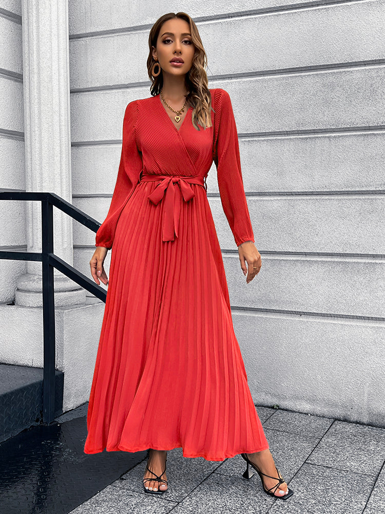 V Neck Pleated Maxi Dress in 5 Color Choices in Size S, M, L, XL, or 2XL