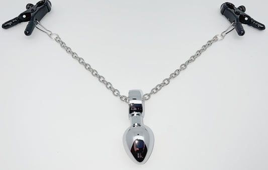 Black Bullnose Nipple Clamps with a Stainless Steel Chain and a Stainless Steel Mini Butt Plug