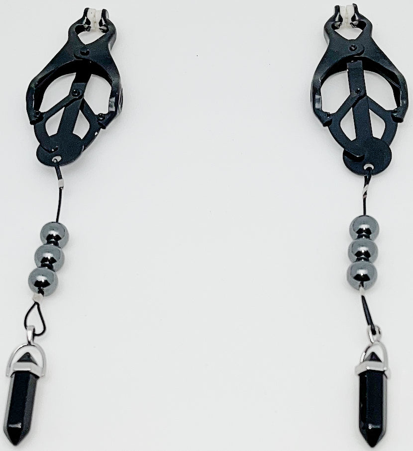 Cameroon Nipple Clamps with Natural Hematite Beads and Quartz Crystal Pendants