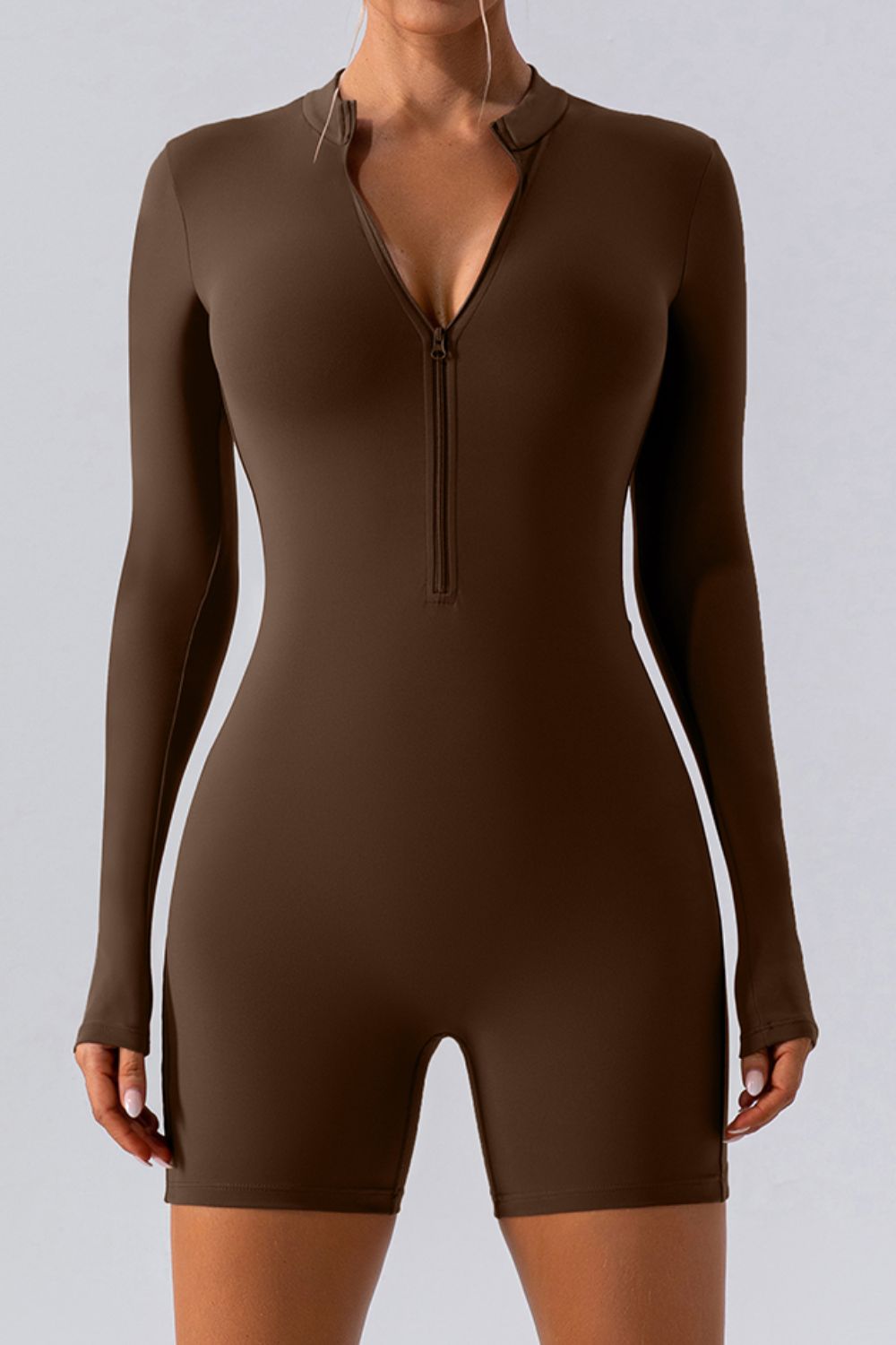 Half Zip Long Sleeve Active Romper Chocolate