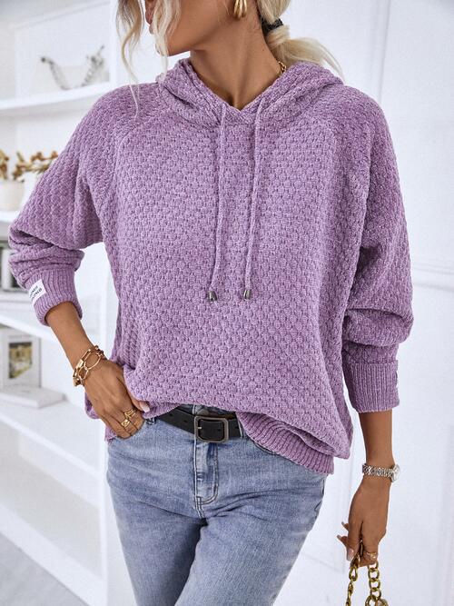 Texture Drawstring Long Sleeve Hooded Sweater Lavender