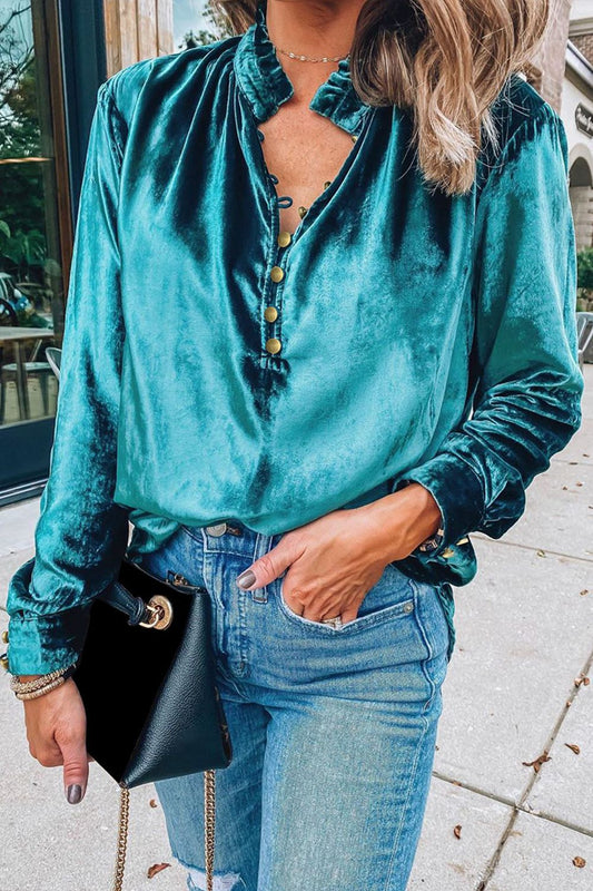 Turquoise Mock Turtleneck Long Sleeve Blouse in Size S, M, L, or XL