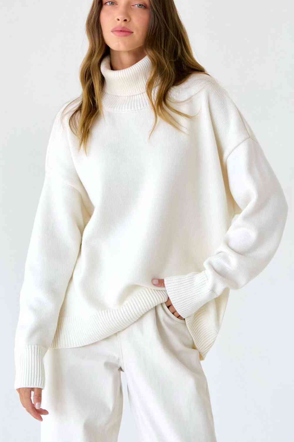 Turtle Neck Dropped Shoulder Sweater White