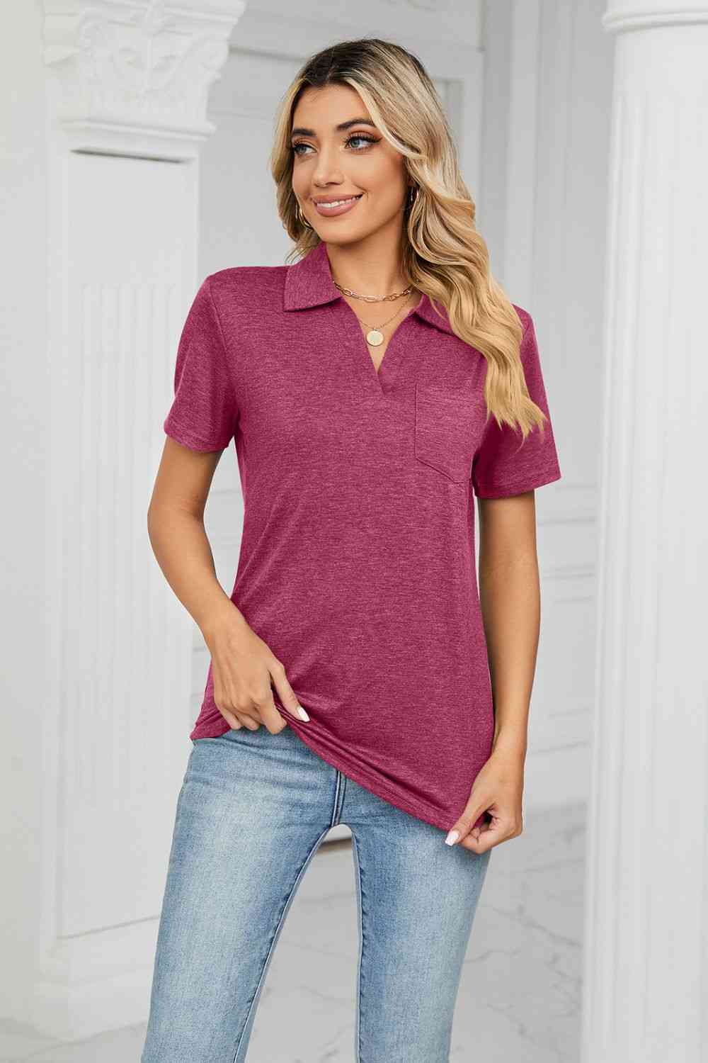 Curved Hem Johnny Collar Polo Shirt in 7 Color Choices in Size S, M, L, XL, or 2XL