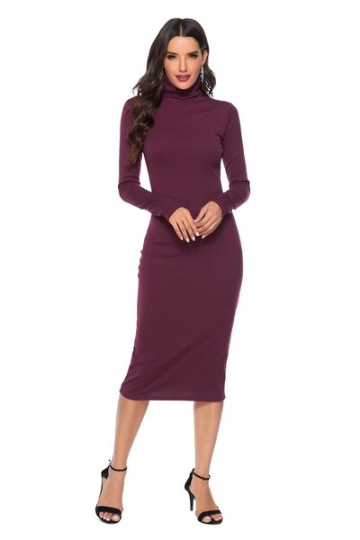 Ribbed Turtleneck Long Sleeve Dress in 5 Color Choices in Size S, M, or L