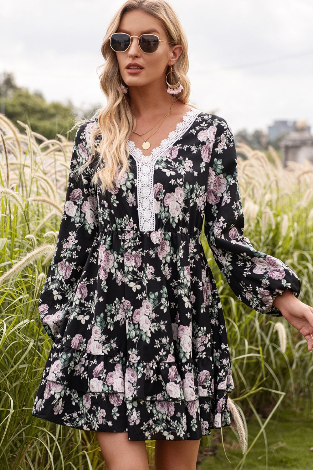 Floral Lace Trim Long Sleeve Dress in Size S, M, L, or XL