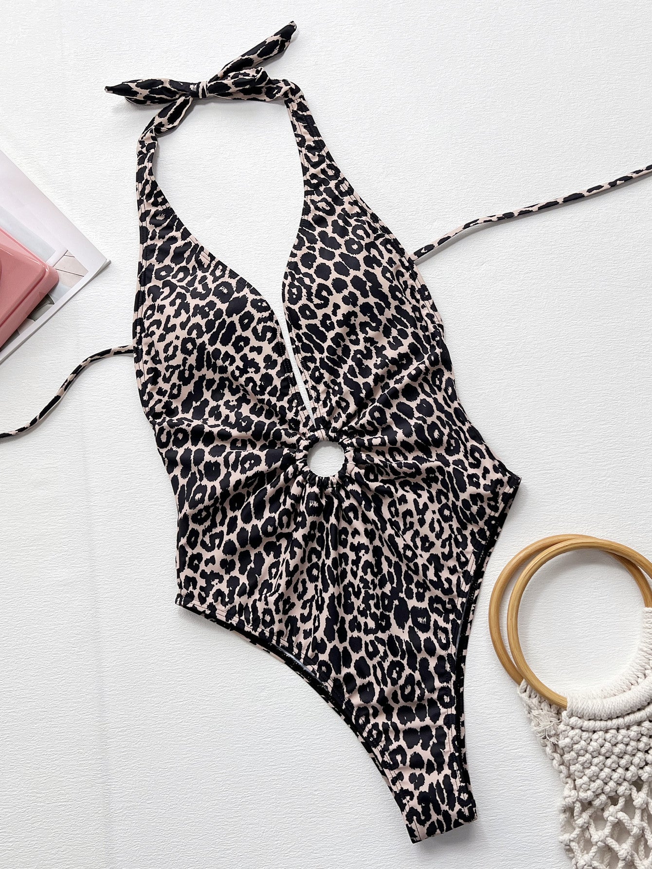 Leopard One Piece Swimsuit with Center Ring in Size S, M, or L