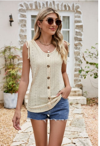 Full Size Decorative Button Eyelet Tied Tank Beige