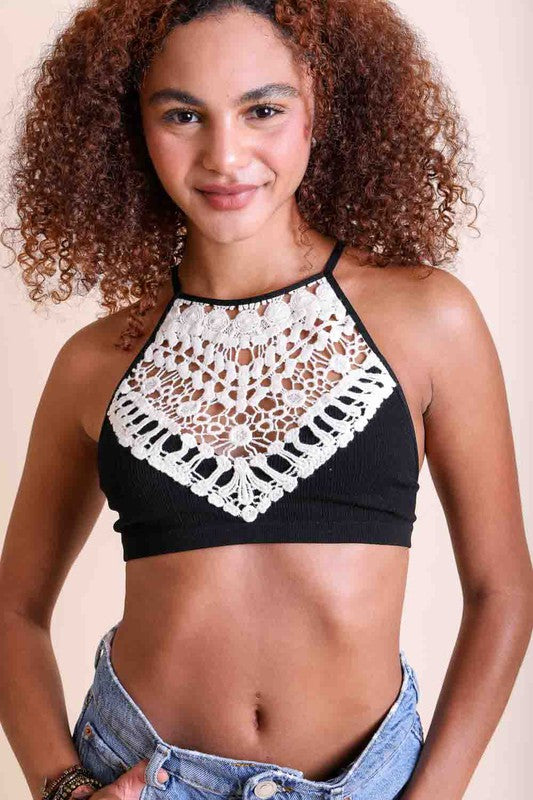 LETO Crochet Lace High Neck Bralette in 6 Sexy Color Choices in Size XS/S or M/L