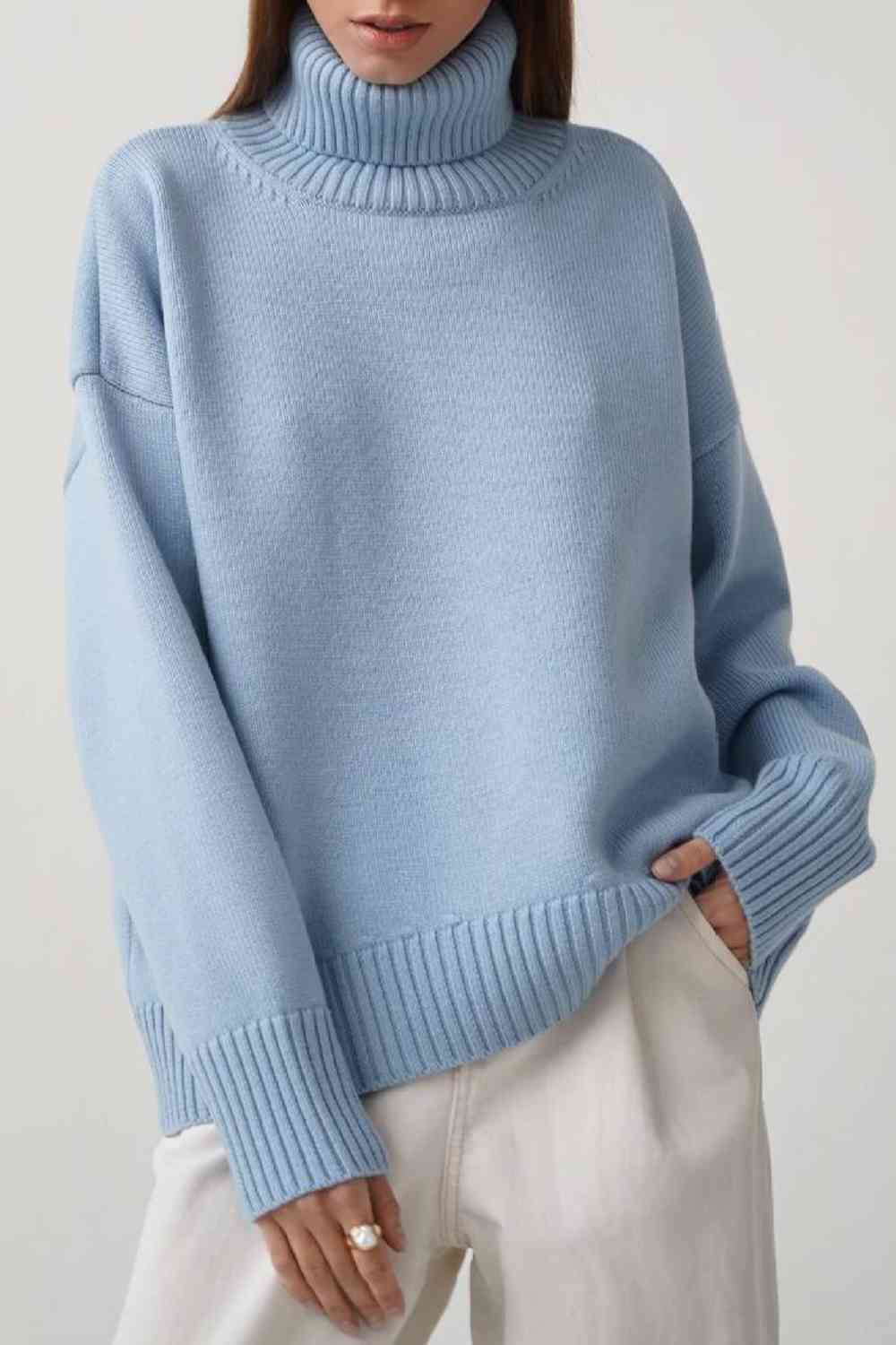 Turtle Neck Dropped Shoulder Sweater Misty Blue