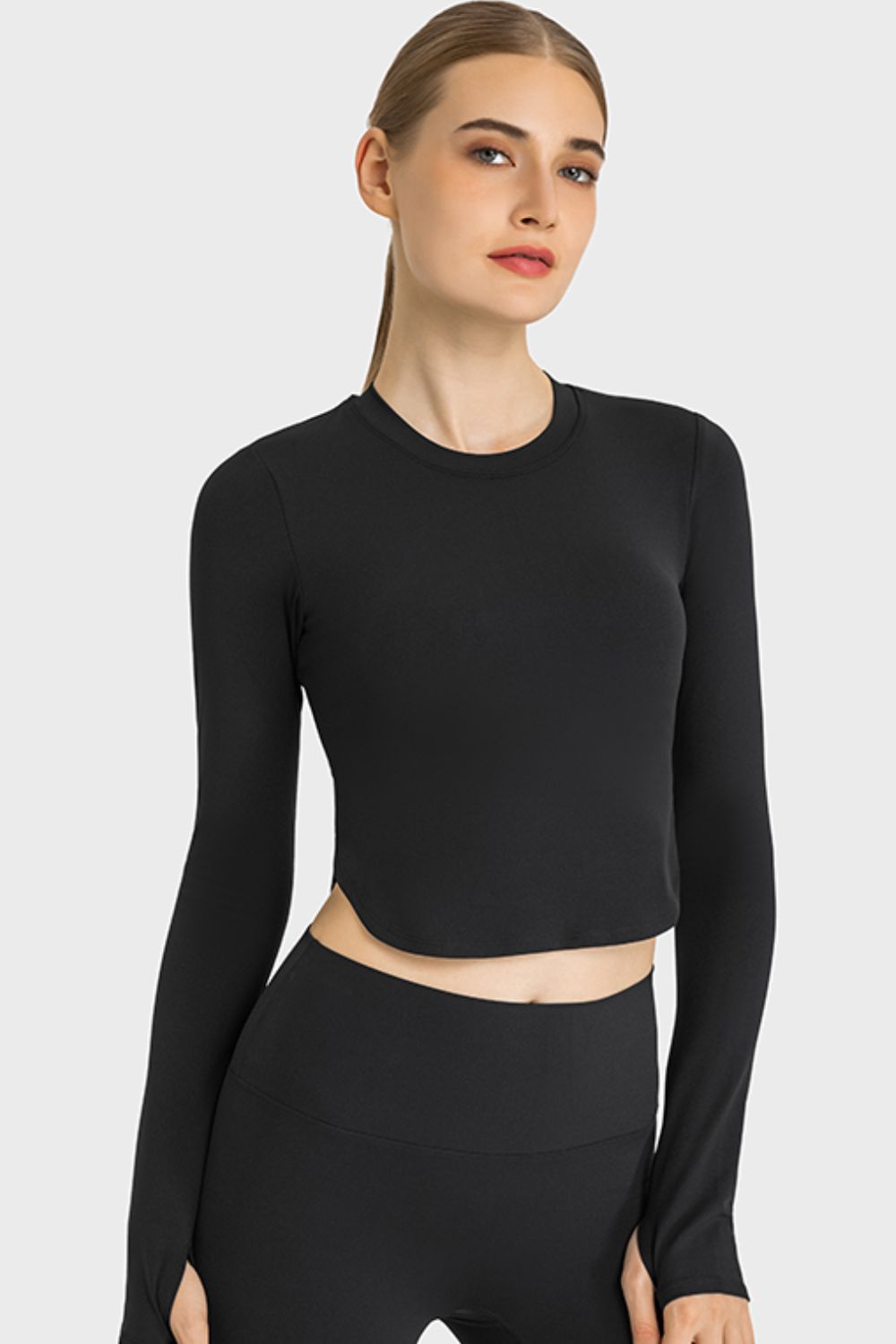 Side Slit Long Sleeve Round Neck Crop Top in 4 Fun Color Choices