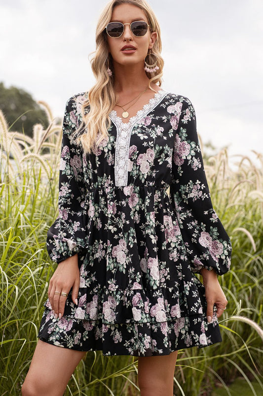Floral Lace Trim Long Sleeve Dress in Size S, M, L, or XL