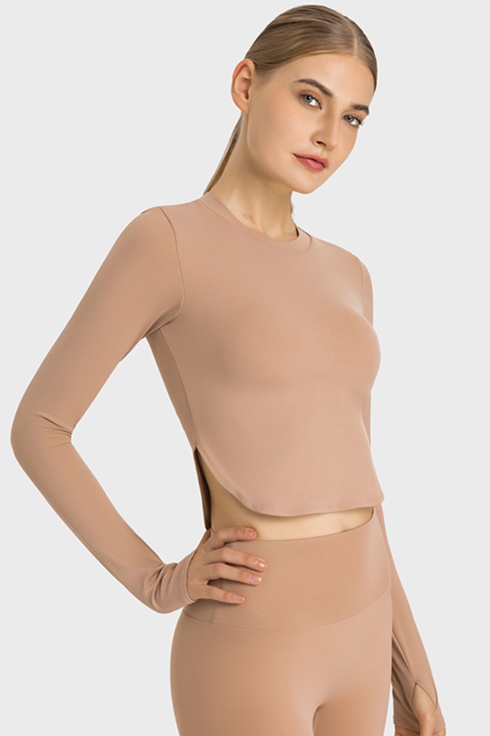 Side Slit Long Sleeve Round Neck Crop Top in 4 Fun Color Choices