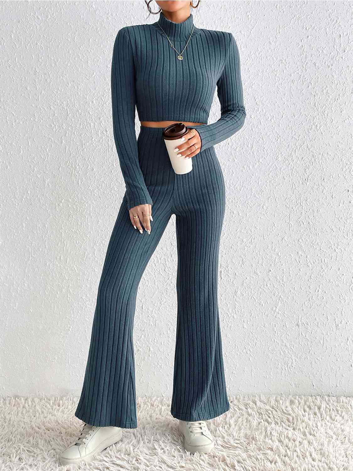 Peacock Blue Ribbed Cropped Sweater and High Waist Pants Set in Size S –  Bikini Vegas