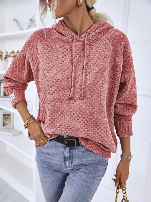 Texture Drawstring Long Sleeve Hooded Sweater Burnt Coral
