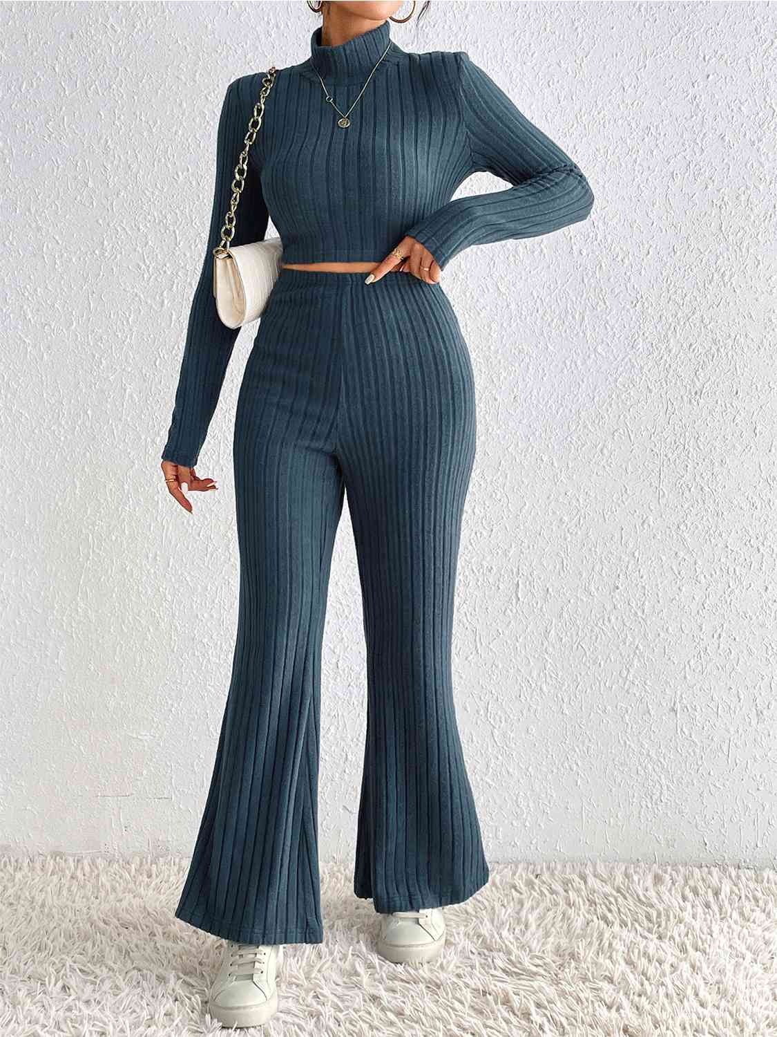 Peacock Blue Ribbed Cropped Sweater and High Waist Pants Set in Size S, M, L, or XL