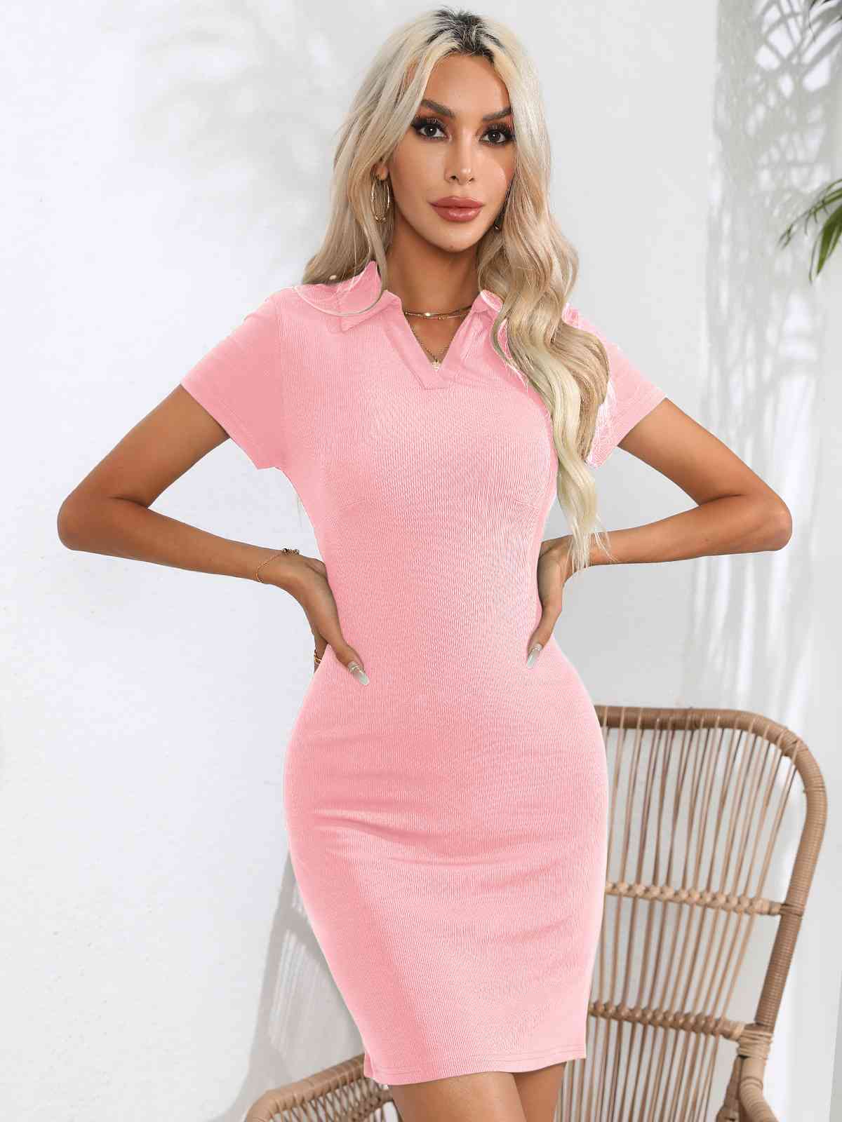 Johnny Collar Short Sleeve Bodycon Dress in 3 Color Choices in Size S, M, L, or XL