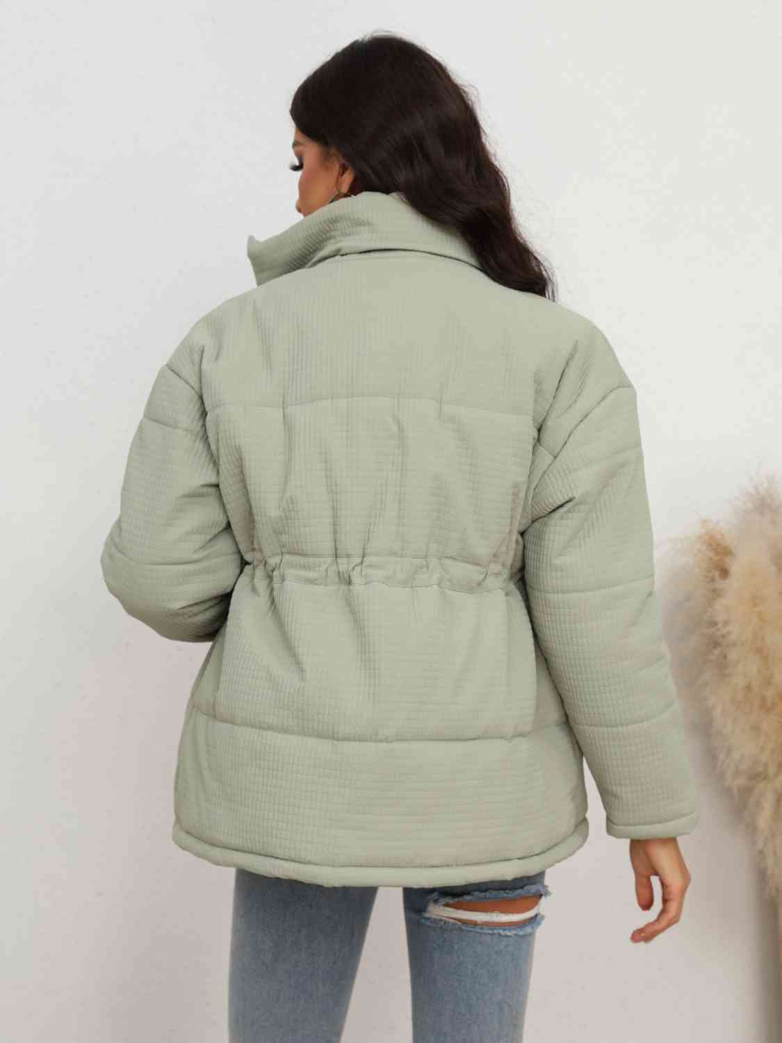 Light Green Drawstring Waist Zip-Up Puffer Jacket in Size S, M, L, XL, or 2X