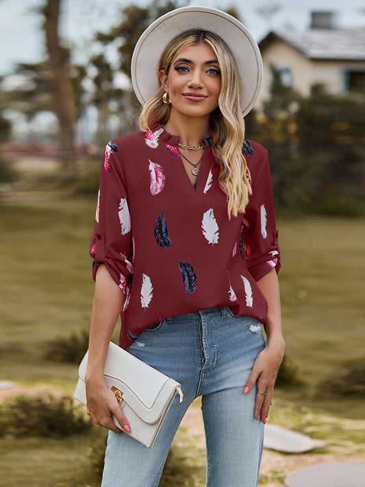 Printed Roll-Tab Sleeve Notched Neck Blouse Wine