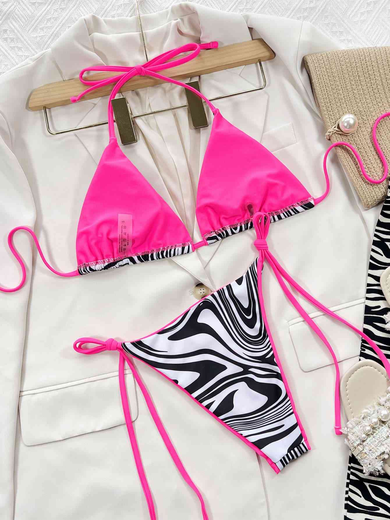 Zebra Print Halter Neck Tie Side Bikini in Size S, M, or L