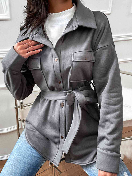 Button Down Dropped Shoulder Coat Heather Gray