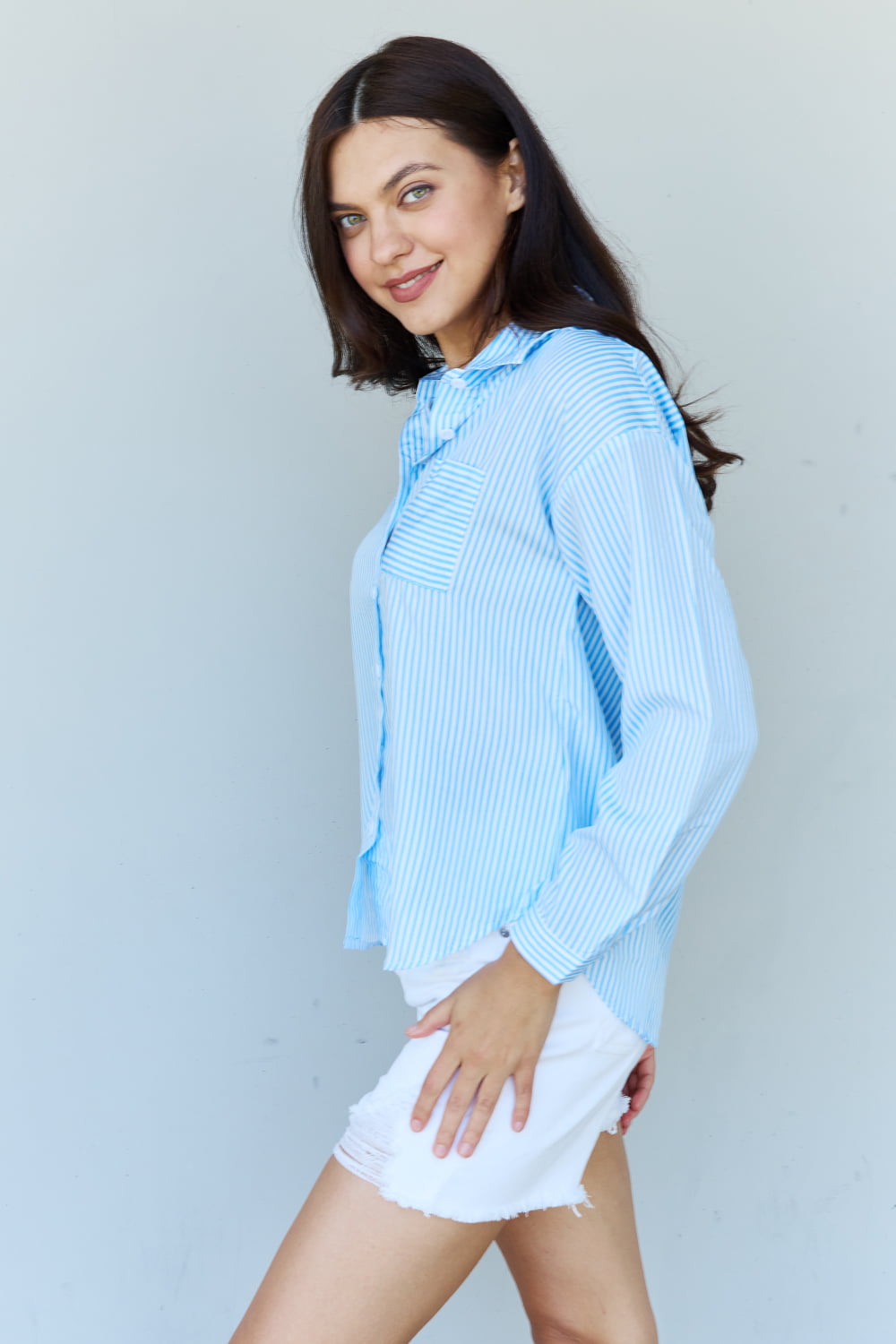 Striped Button Down Blue Shirt in Sizes S, M, or L