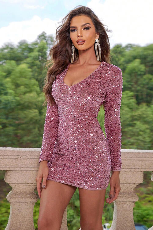 Sequin V-Neck Long Sleeve Mini Dress in Royal Blue or Dusty Pink in Size XS, S, M, or L