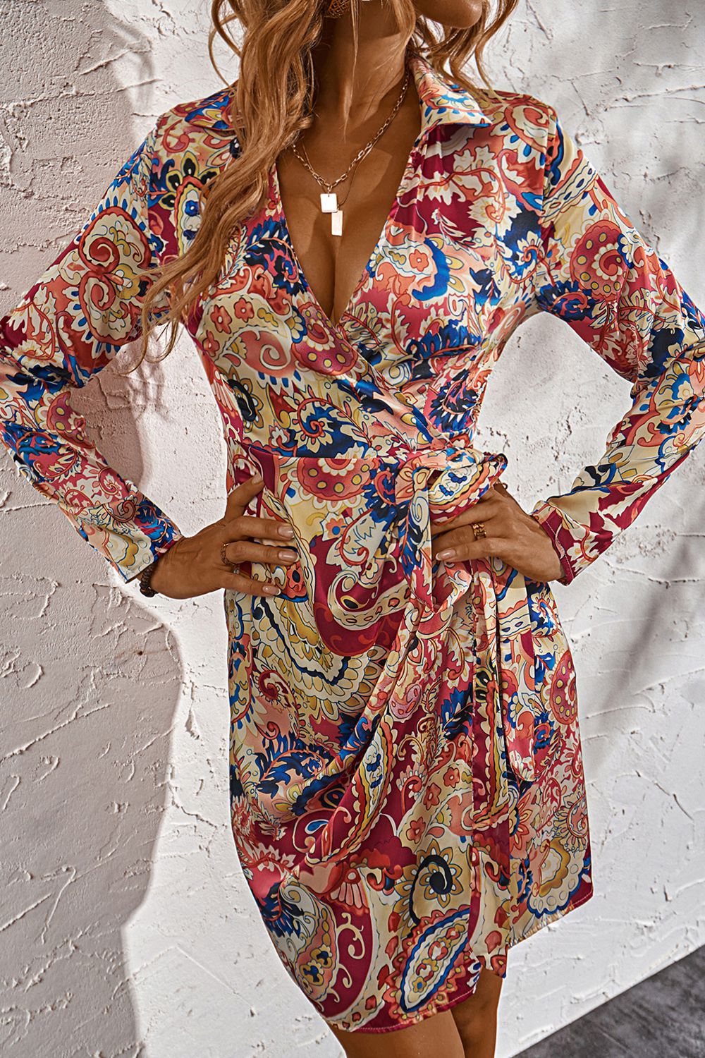 Printed Surplice Neck Long Sleeve Mini Wrap Dress in Size S, M, L, or XL