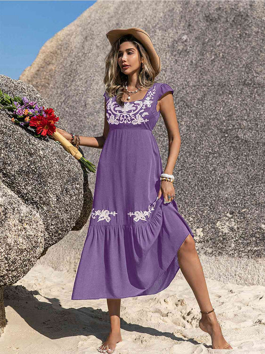 Embroidered Square Neck Ruffle Hem Dress in 5 Color Choices in Size S, M, L, XL, or XXL