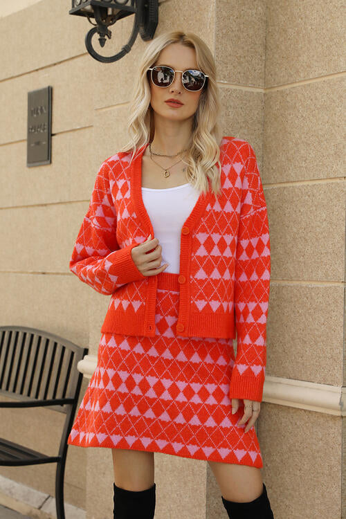 Red or Black Geometric Button Front Cardigan and Skirt Set in Size S, M, or L