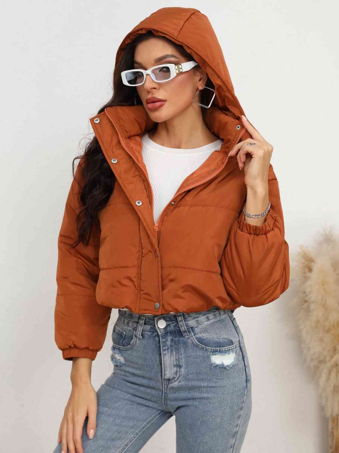 Ochre Snap and Zip Closure Hooded Puffer Jacket in Size S, M, L, XL, or 2X