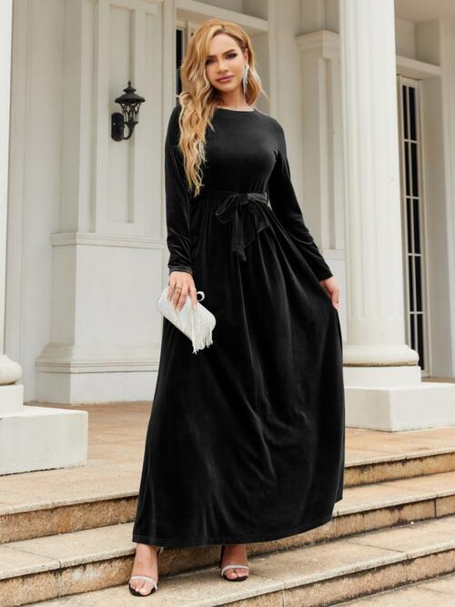 Tie Front Round Neck Long Sleeve Maxi Dress in 6 Color Choices in Size S, M, L, or XL