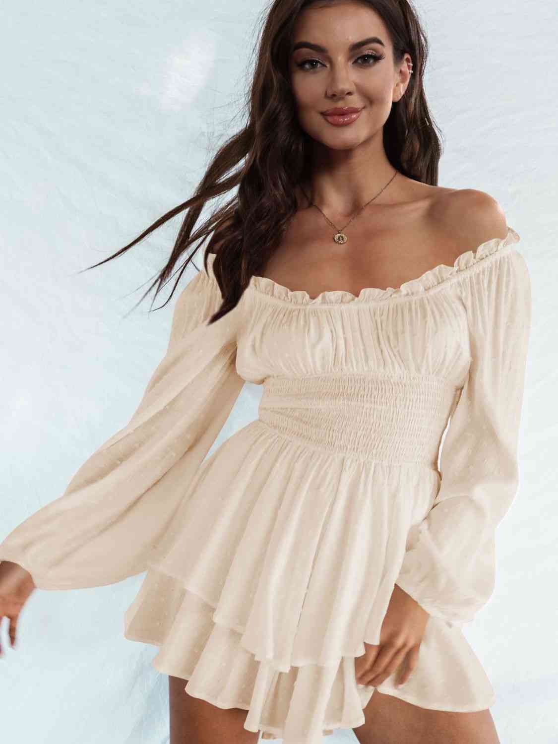 Off Shoulder Smocked Waist Romper Sand