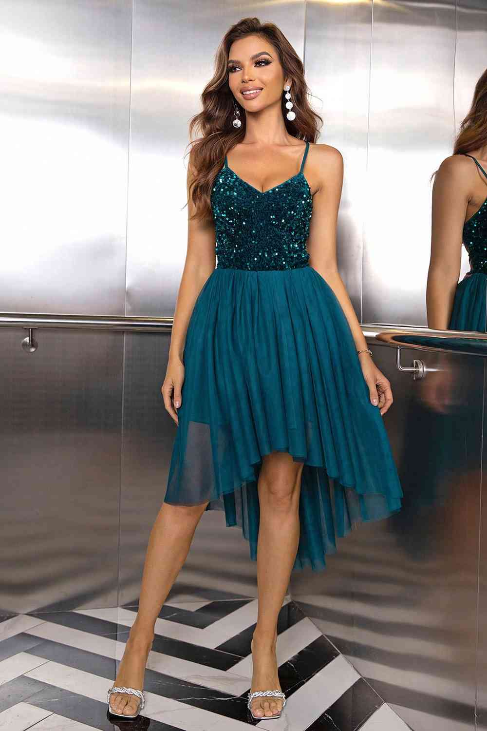 Sequin Spaghetti Strap High-Low Dress in 3 Color Choices in Size XS, S, M, or L