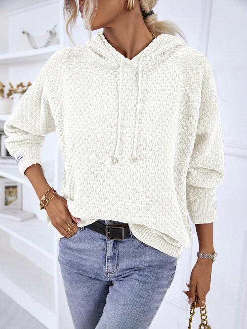 Texture Drawstring Long Sleeve Hooded Sweater White