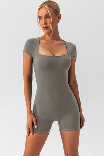 Square Neck Cap Sleeve Active Romper Heather Gray